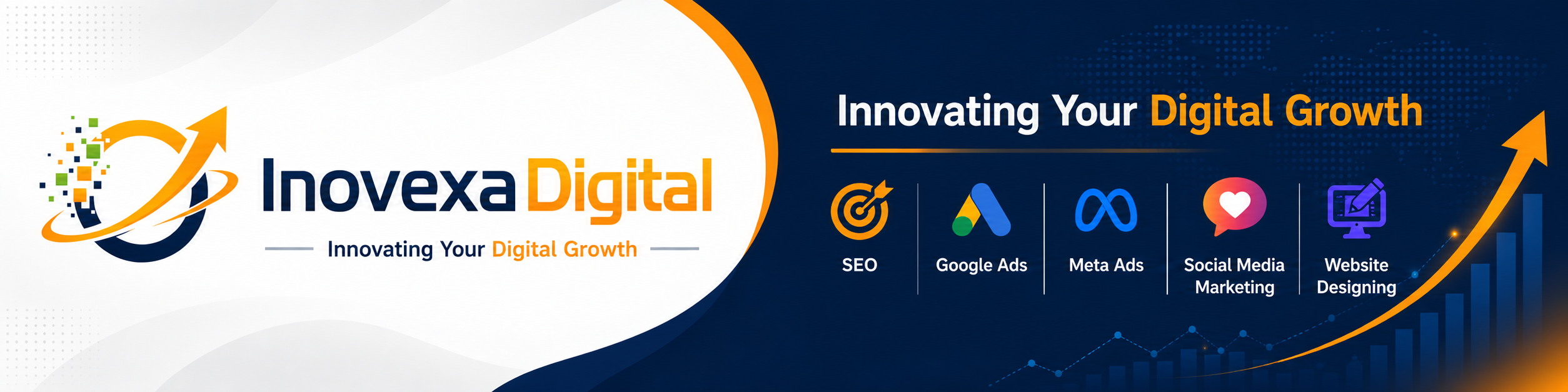 InovexaDigital LinkedIn banner showing SEO, Google Ads, Meta Ads, social media marketing and website designing